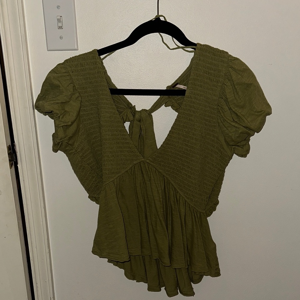Free People Olive Smocked Blouse